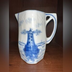 Antique Delft Blue and White small Pitcher with hand painted windmill‎ design